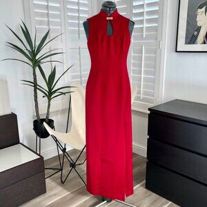 ALEX Evenings Long Red Gown High Collar, Teardrop Bust, Rhinestones, Size 6